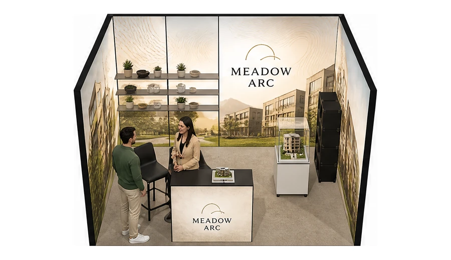 Stoisko 4 × 3 m szeregowe dla branży deweloperzy i nieruchomości, przykładowa marka Meadow Arc
