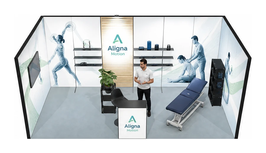Stoisko 6 × 3 m szeregowe dla branży rehabilitacja i fizjoterapia, przykładowa marka Aligna Motion