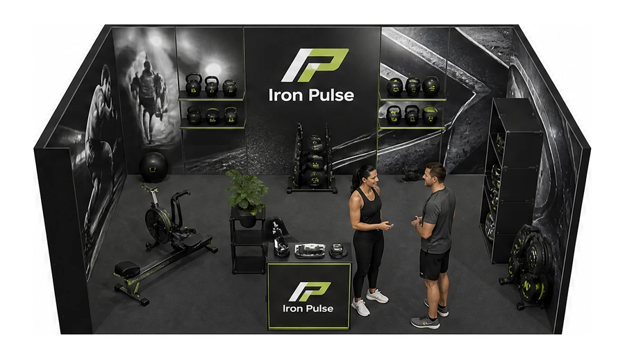 Stoisko 6 × 4 m szeregowe dla branży fitness i siłownie, przykładowa marka Iron Pulse