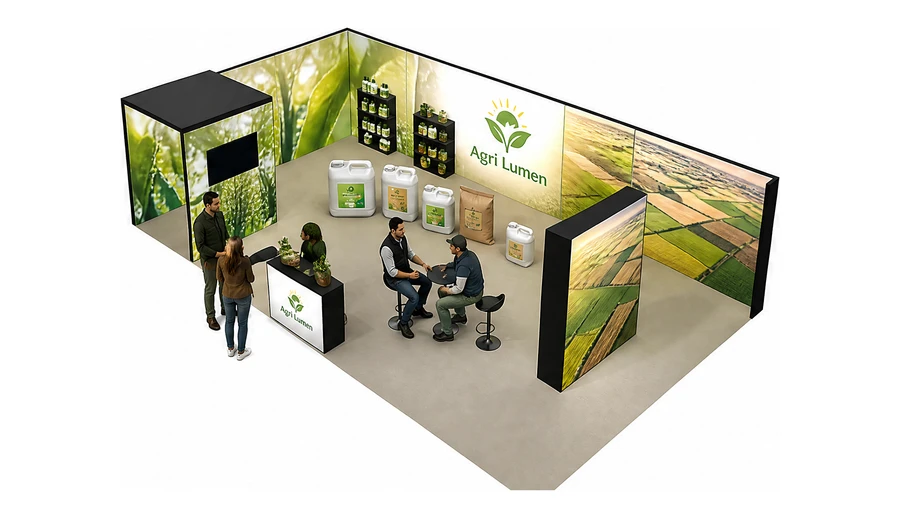 Stoisko 10 × 6 m narożne lewe dla branży nawozy i ochrona roślin, przykładowa marka Agri Lumen