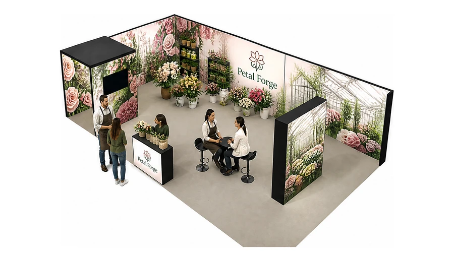 Stoisko 10 × 6 m narożne lewe dla branży rośliny i kwiaciarstwo, przykładowa marka Petal Forge