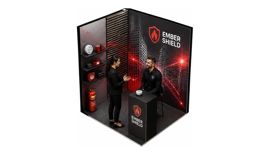 Stoisko 2 × 2 m narożne lewe dla branży ochrona przeciwpożarowa, przykładowa marka Ember Shield