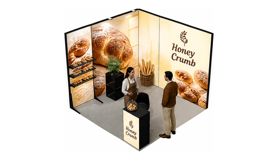 Stoisko 3 × 3 m narożne lewe dla branży piekarnictwo i cukiernictwo, przykładowa marka Honey Crumb