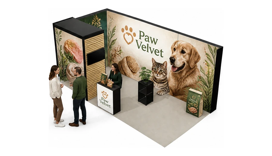 Stoisko 6 × 3 m narożne lewe dla branży karma dla zwierząt, przykładowa marka Paw Velvet
