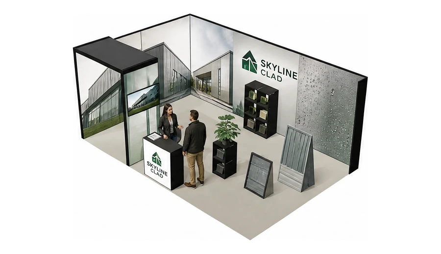 Stoisko 6 × 4 m narożne lewe dla branży dachy i elewacje, przykładowa marka Skyline Clad