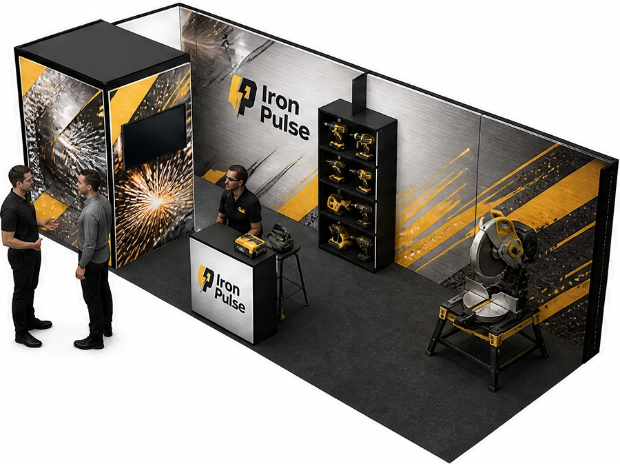 Stoisko 8 × 3 m narożne lewe dla branży elektronarzędzia, przykładowa marka Iron Pulse
