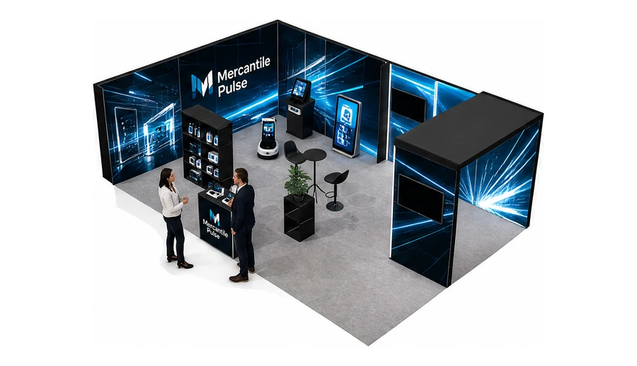 Stoisko 8 × 5 m narożne lewe dla branży technologie dla handlu, przykładowa marka Mercantile Pulse