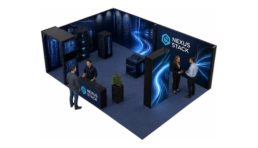 Stoisko 8 × 6 m narożne lewe dla branży infrastruktura IT i data center, przykładowa marka Nexus Stack