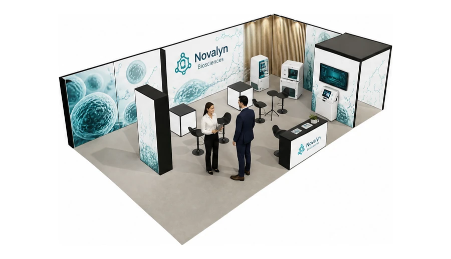 Stoisko 10 × 6 m narożne prawe dla branży farmacja i biotechnologia, przykładowa marka Novalyn Biosciences