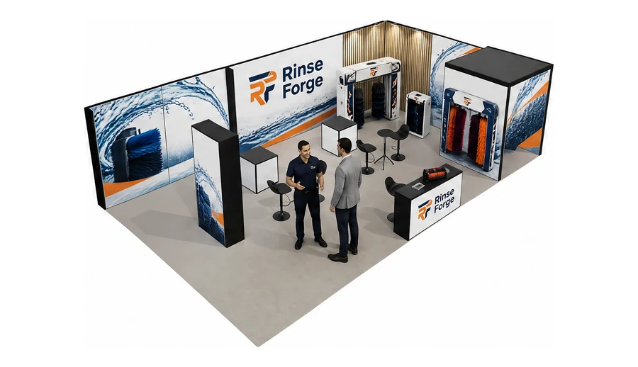 Stoisko 10 × 6 m narożne prawe dla branży myjnie i pielęgnacja aut, przykładowa marka Rinse Forge