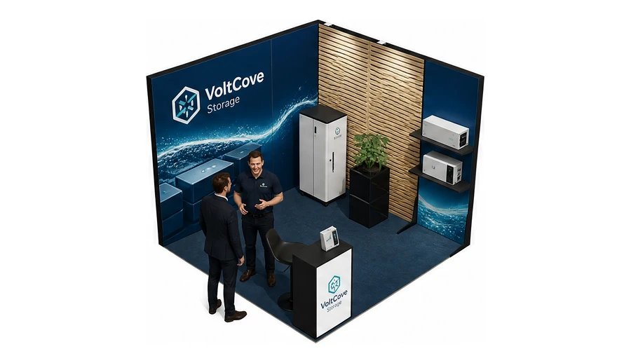 Stoisko 3 × 3 m narożne prawe dla branży magazyny energii, przykładowa marka VoltCove Storage