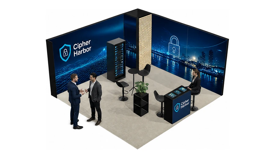 Stoisko 5 × 5 m narożne prawe dla branży cyberbezpieczeństwo, przykładowa marka Cipher Harbor