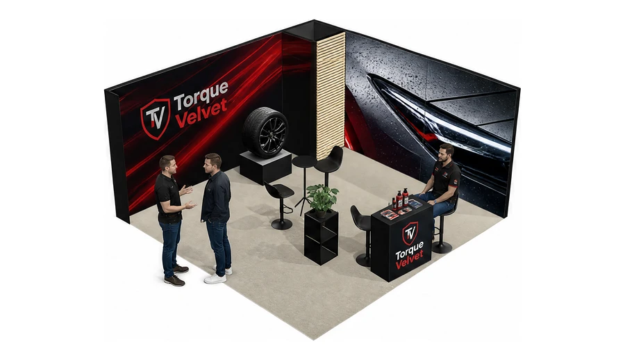 Stoisko 5 × 5 m narożne prawe dla branży tuning i detailing, przykładowa marka Torque Velvet