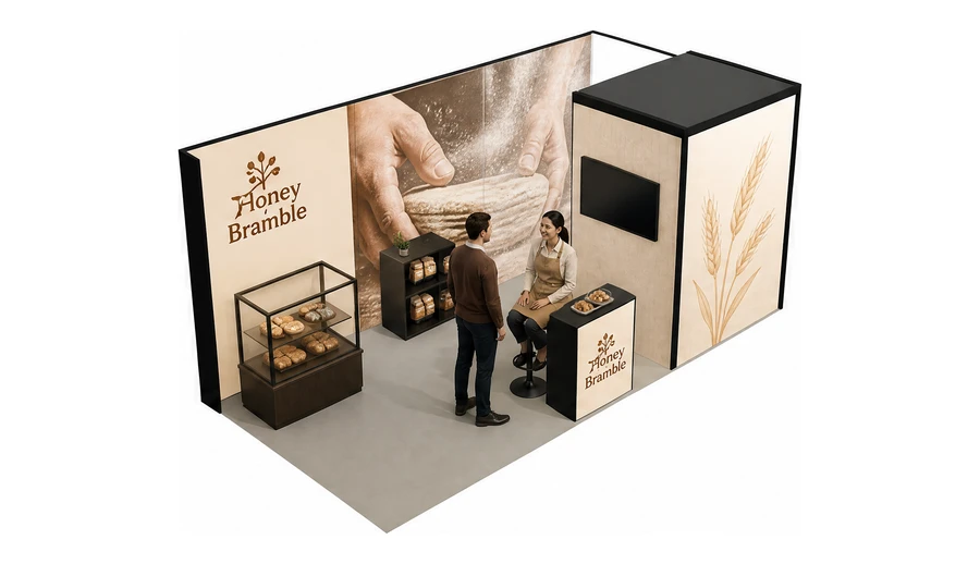 Stoisko 6 × 3 m narożne prawe dla branży piekarnictwo i cukiernictwo, przykładowa marka Honey Bramble