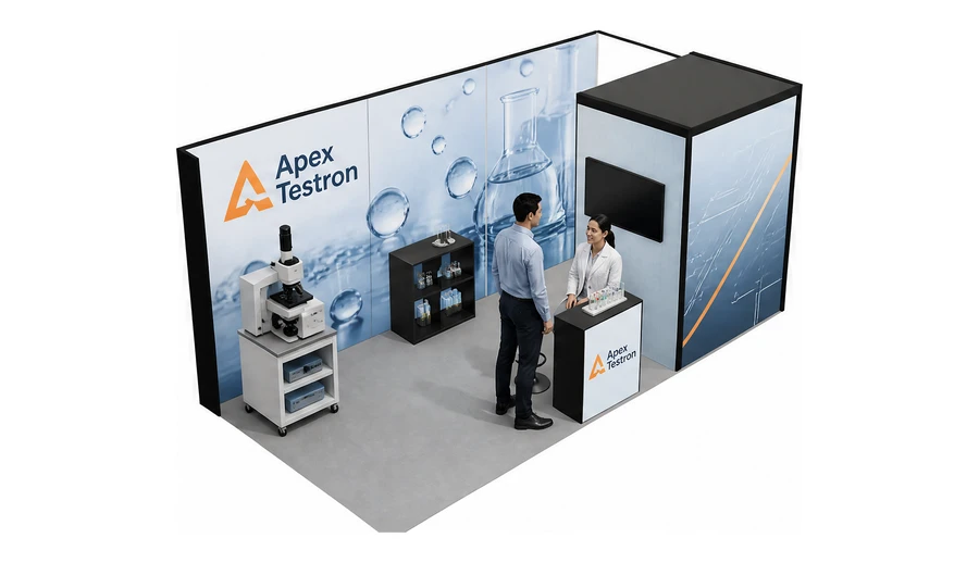 Stoisko 6 × 3 m narożne prawe dla branży sprzęt laboratoryjny, przykładowa marka Apex Testron