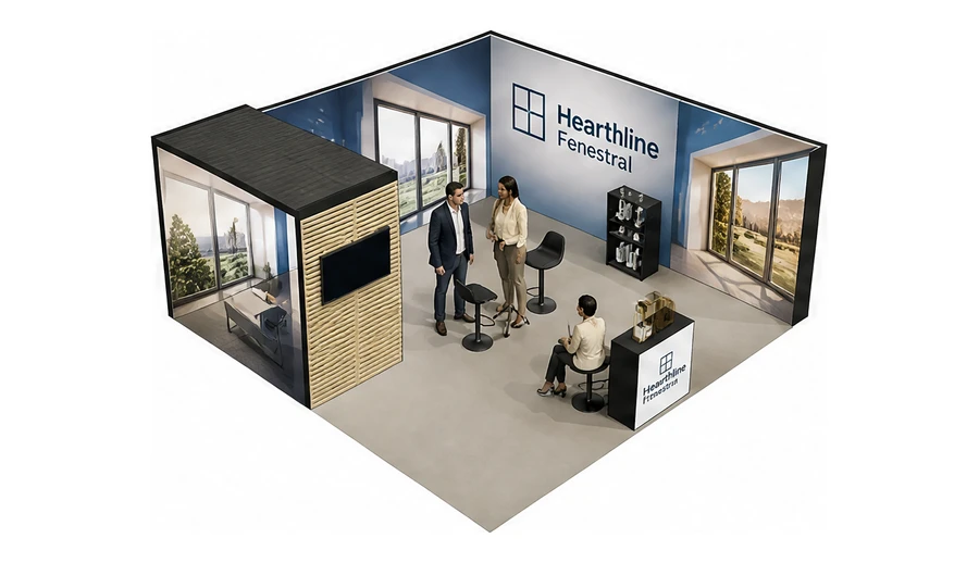 Stoisko 6 × 6 m narożne prawe dla branży okna i drzwi, przykładowa marka Hearthline Fenestral