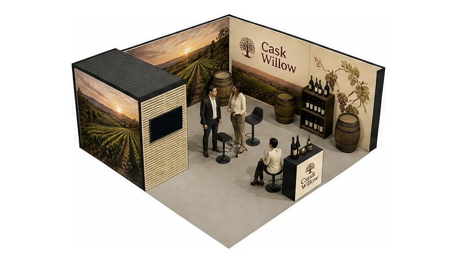 Stoisko 6 × 6 m narożne prawe dla branży winnica, przykładowa marka Cask Willow