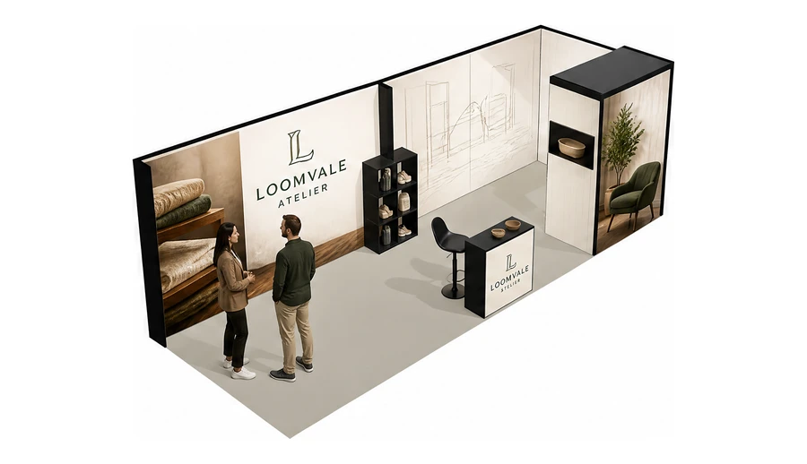 Stoisko 8 × 3 m narożne prawe dla branży meble designerskie, przykładowa marka Loomvale Atelier