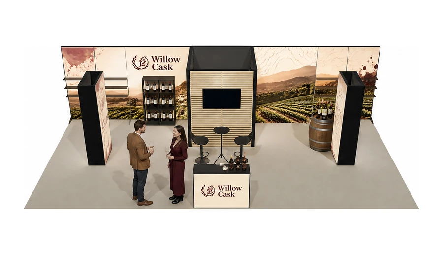 Stoisko 10 × 5 m półwyspowe dla branży winnica, przykładowa marka Willow Cask