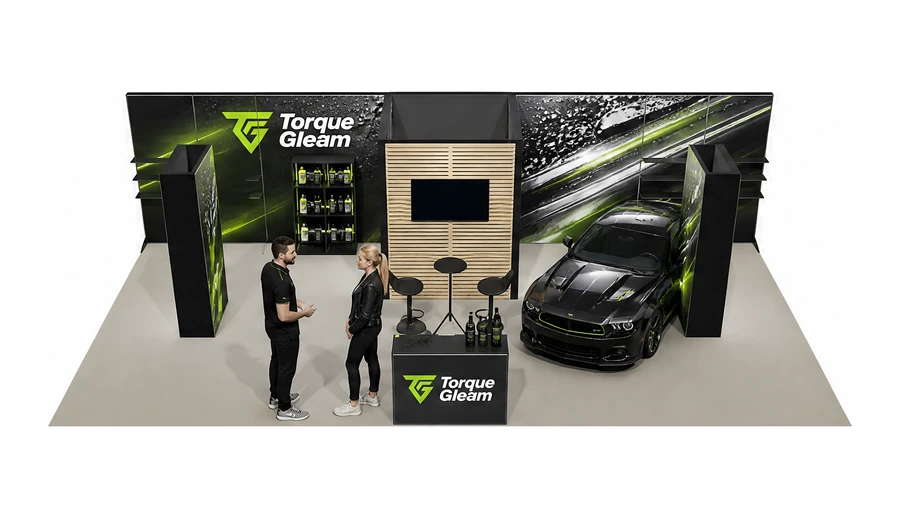 Stoisko 10 × 5 m półwyspowe dla branży tuning i detailing, przykładowa marka Torque Gleam