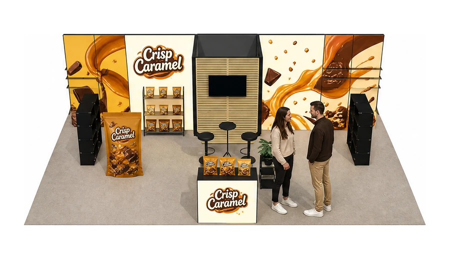 Stoisko 10 × 6 m półwyspowe dla branży słodycze i przekąski, przykładowa marka Crisp Caramel