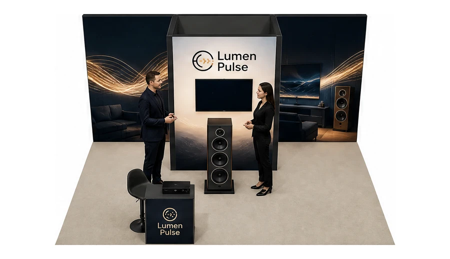 Stoisko 5 × 4 m półwyspowe dla branży sprzęt audio-video, przykładowa marka Lumen Pulse