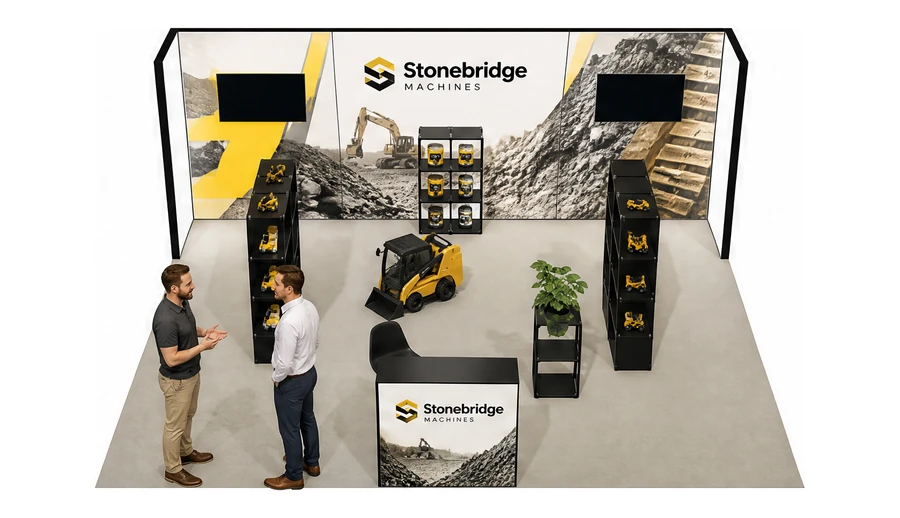 Stoisko 6 × 5 m półwyspowe dla branży maszyny budowlane, przykładowa marka Stonebridge Machines