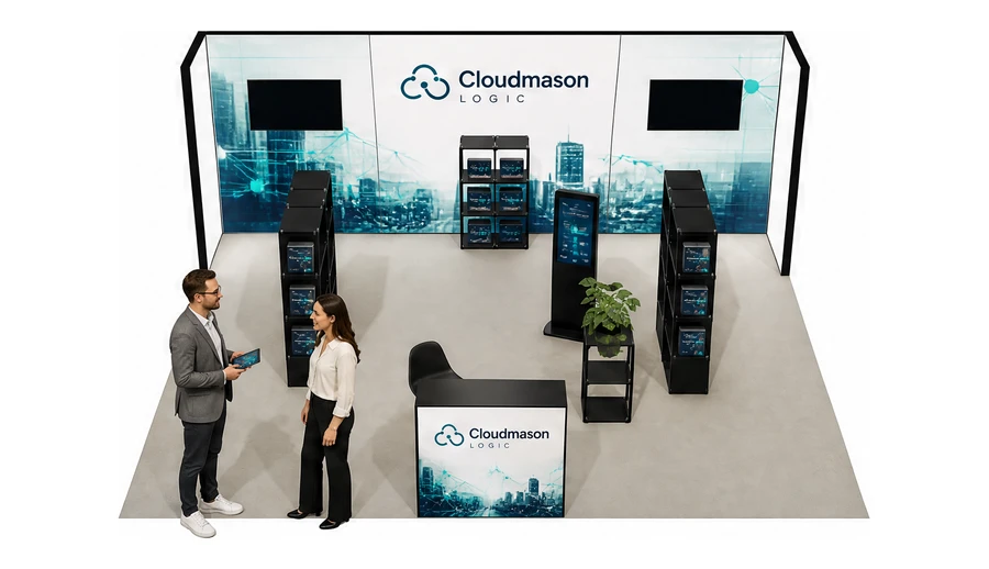 Stoisko 6 × 5 m półwyspowe dla branży oprogramowanie dla firm, przykładowa marka Cloudmason Logic