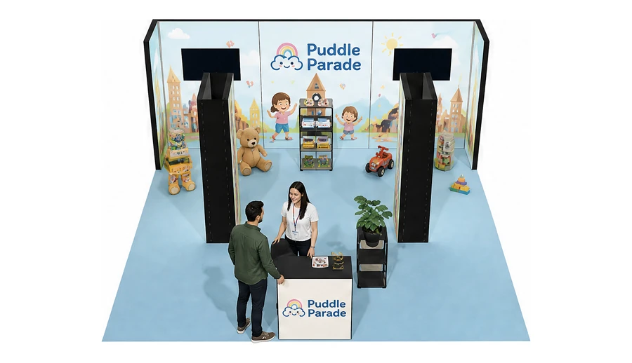 Stoisko 6 × 6 m półwyspowe dla branży zabawki i artykuły dziecięce, przykładowa marka Puddle Parade