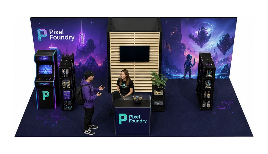 Stoisko 8 × 4 m półwyspowe dla branży gry wideo, przykładowa marka Pixel Foundry