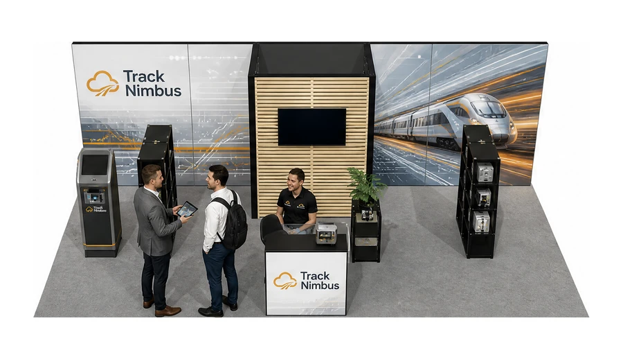 Stoisko 8 × 4 m półwyspowe dla branży kolej i tabor, przykładowa marka Track Nimbus