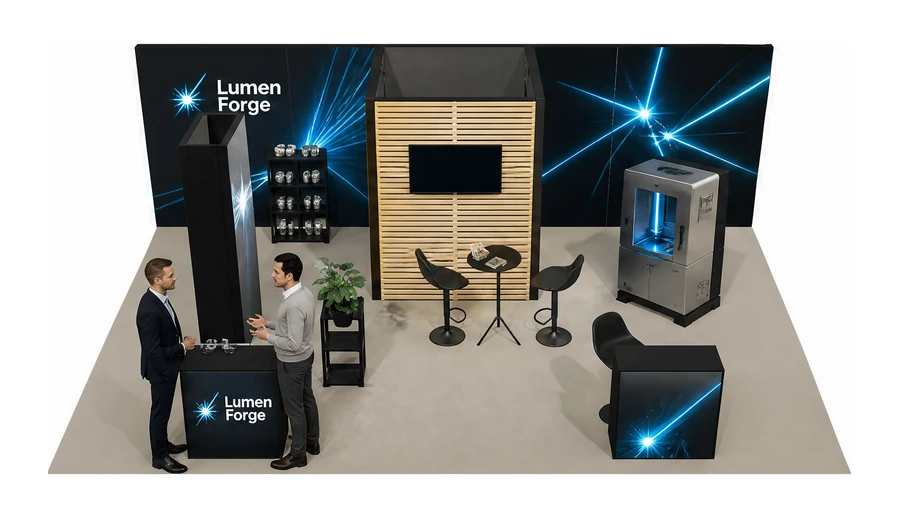 Stoisko 8 × 5 m półwyspowe dla branży technika laserowa i fotonika, przykładowa marka Lumen Forge