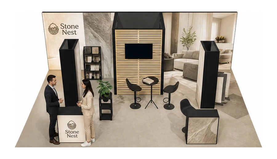 Stoisko 8 × 5 m półwyspowe dla branży wykończenie wnętrz, przykładowa marka Stone Nest