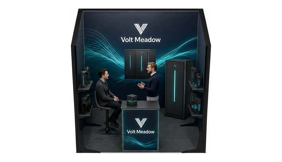 Stoisko 2 × 2 m szeregowe dla branży magazyny energii, przykładowa marka Volt Meadow