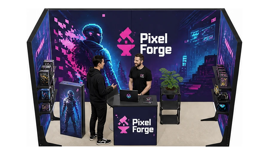 Stoisko 4 × 2 m szeregowe dla branży gry wideo, przykładowa marka Pixel Forge