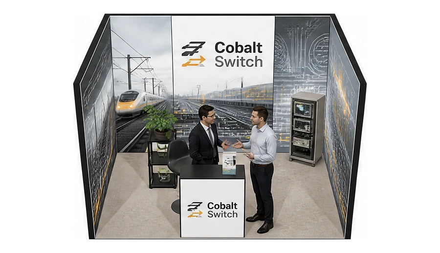 Stoisko 4 × 3 m szeregowe dla branży kolej i tabor, przykładowa marka Cobalt Switch