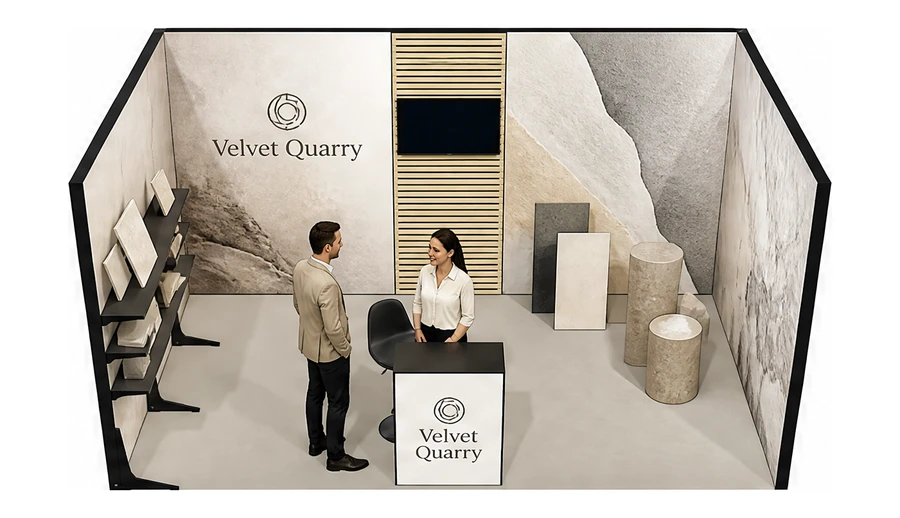 Stoisko 5 × 3 m szeregowe dla branży wykończenie wnętrz, przykładowa marka Velvet Quarry