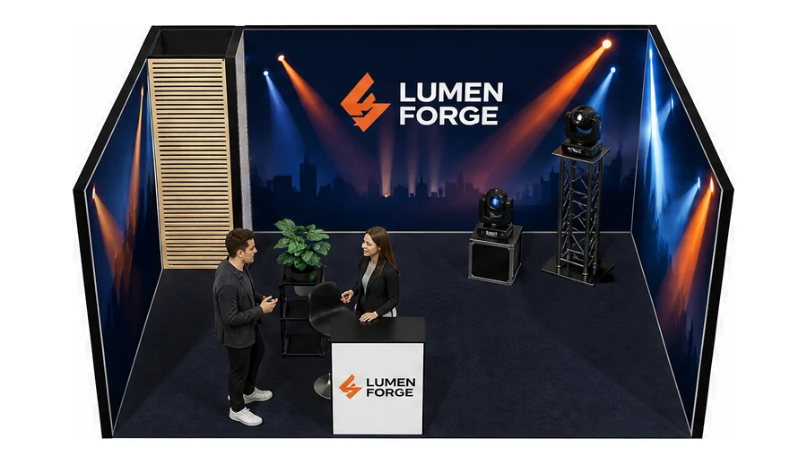 Stoisko 5 × 4 m szeregowe dla branży branża eventowa, przykładowa marka Lumen Forge