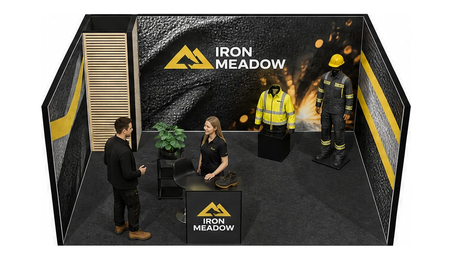 Stoisko 5 × 4 m szeregowe dla branży BHP i odzież ochronna, przykładowa marka Iron Meadow