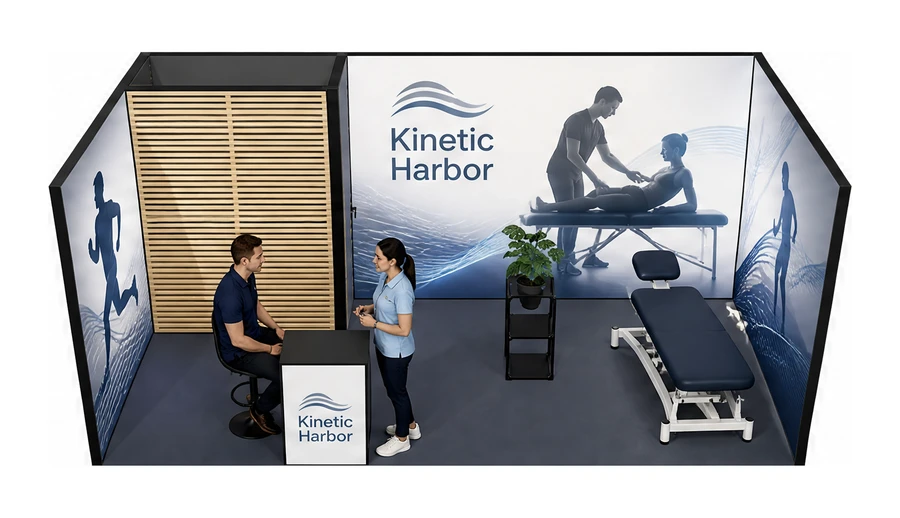 Stoisko 6 × 3 m szeregowe dla branży rehabilitacja i fizjoterapia, przykładowa marka Kinetic Harbor