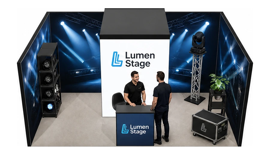 Stoisko 6 × 4 m szeregowe dla branży branża eventowa, przykładowa marka Lumen Stage