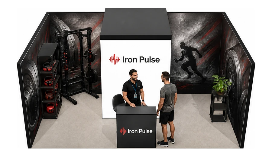 Stoisko 6 × 4 m szeregowe dla branży fitness i siłownie, przykładowa marka Iron Pulse