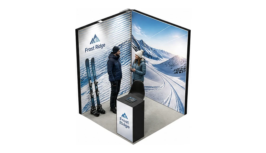 Stoisko 2 × 2 m narożne lewe dla branży narciarstwo i sporty zimowe, przykładowa marka Frost Ridge