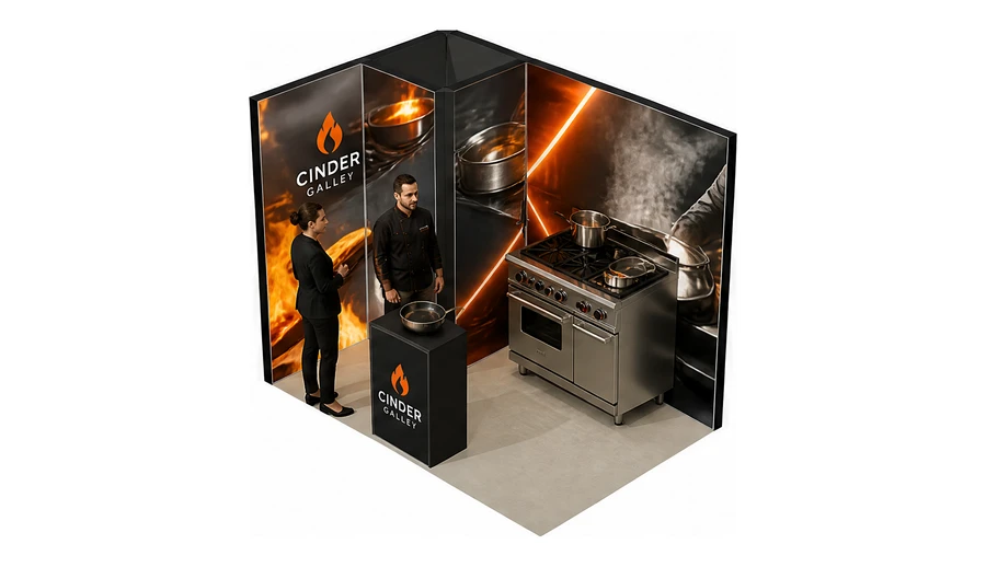Stoisko 3 × 2 m narożne lewe dla branży wyposażenie gastronomii, przykładowa marka Cinder Galley