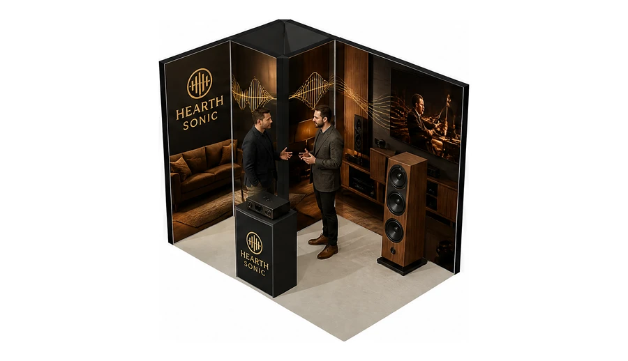Stoisko 3 × 2 m narożne lewe dla branży sprzęt audio-video, przykładowa marka Hearth Sonic