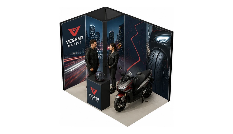 Stoisko 3 × 2 m narożne lewe dla branży motocykle i skutery, przykładowa marka Vesper Motive
