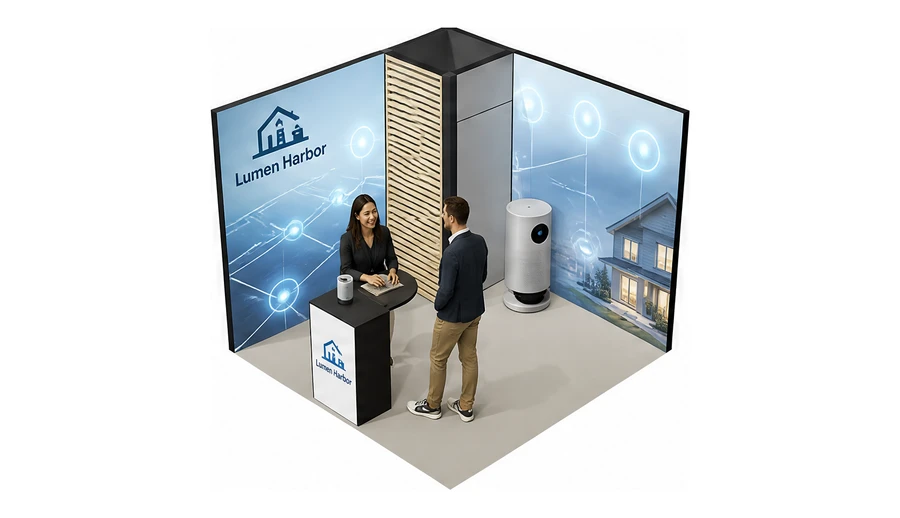 Stoisko 3 × 3 m narożne lewe dla branży smart home i IoT, przykładowa marka Lumen Harbor