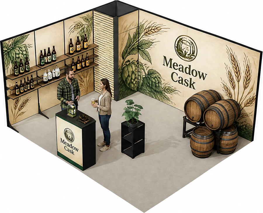 Stoisko 5 × 4 m narożne lewe dla branży browar rzemieślniczy, przykładowa marka Meadow Cask