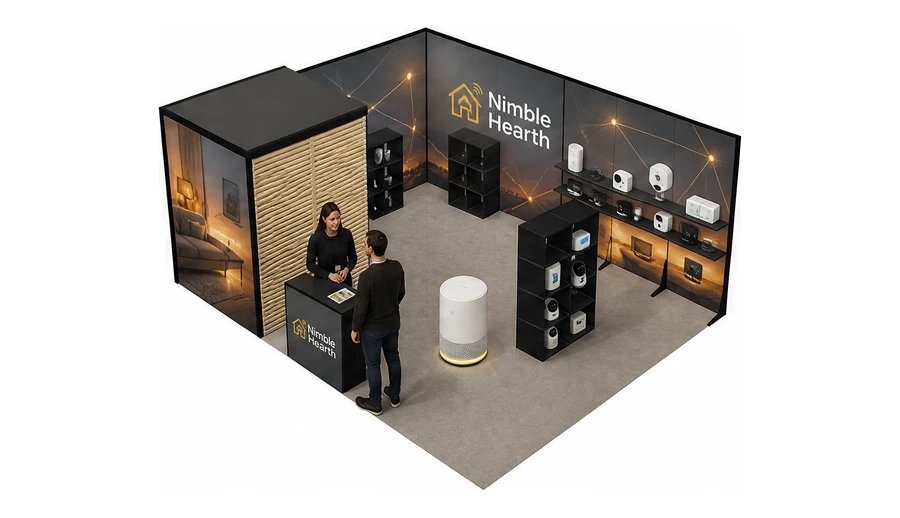 Stoisko 6 × 5 m narożne lewe dla branży smart home i IoT, przykładowa marka Nimble Hearth
