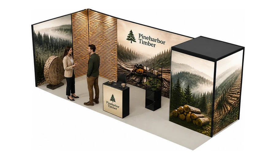 Stoisko 8 × 3 m narożne lewe dla branży leśnictwo i przemysł drzewny, przykładowa marka Pineharbor Timber
